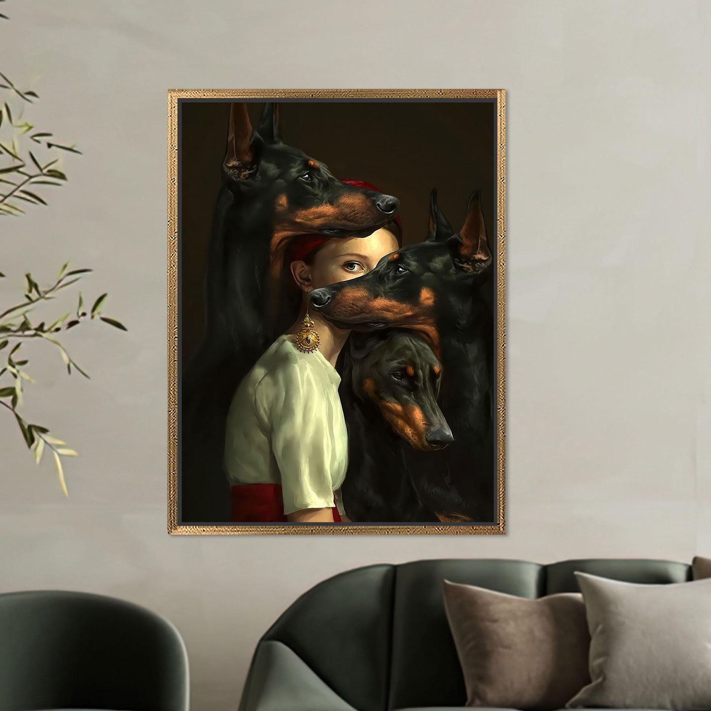 Mysterious Woman Dobermans Dark Surreal Canvas Print