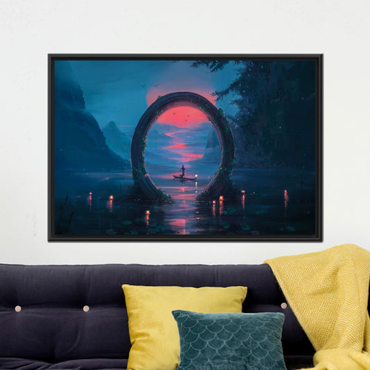 Blue and Pink Fantasy Portal Canvas Wall Art, Surreal Lake Ring Poster for Meditation and Zen Room