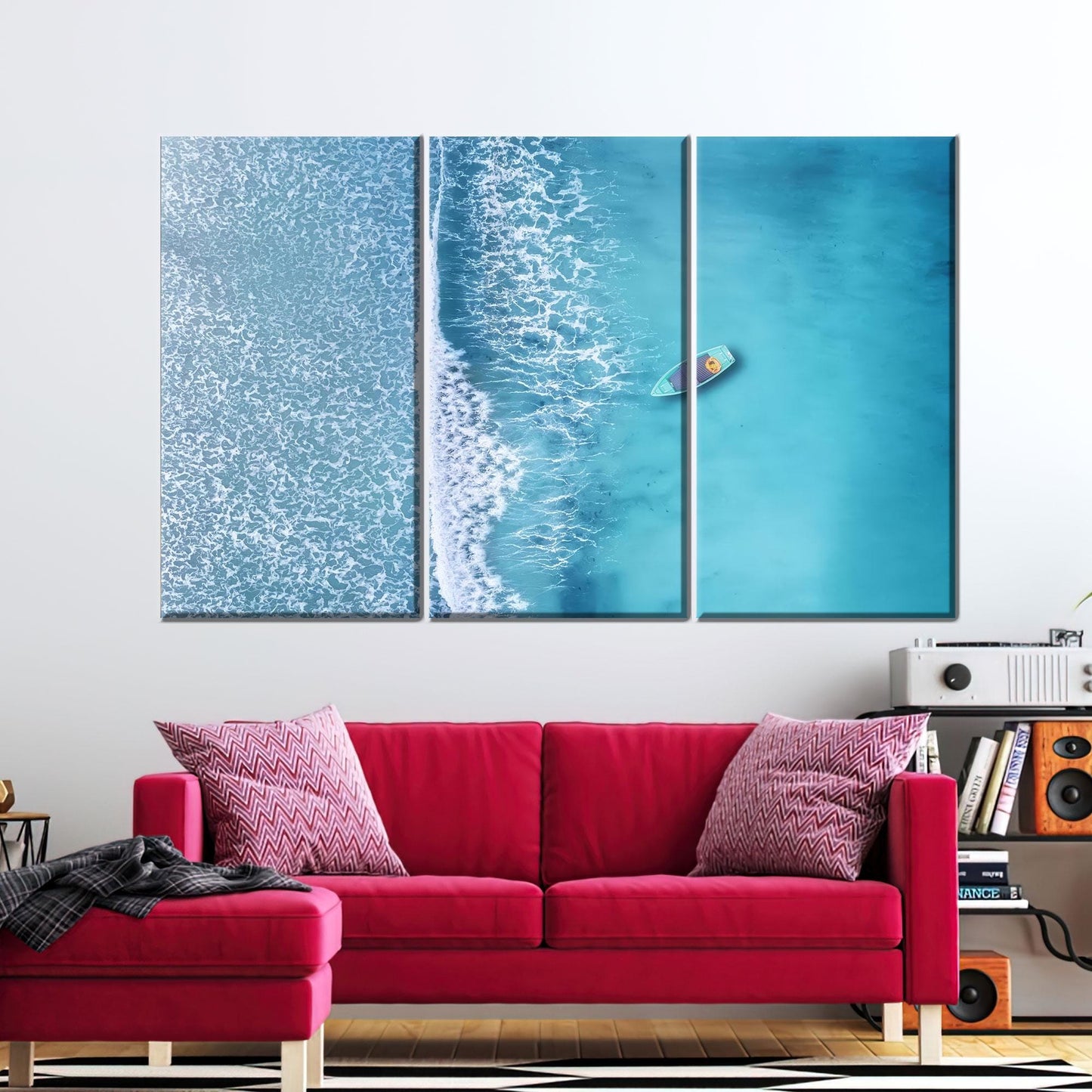 Aerial Ocean Kayak Canvas Wall Art, Turquoise Blue Sea Photography Print, Coastal Summer Decor