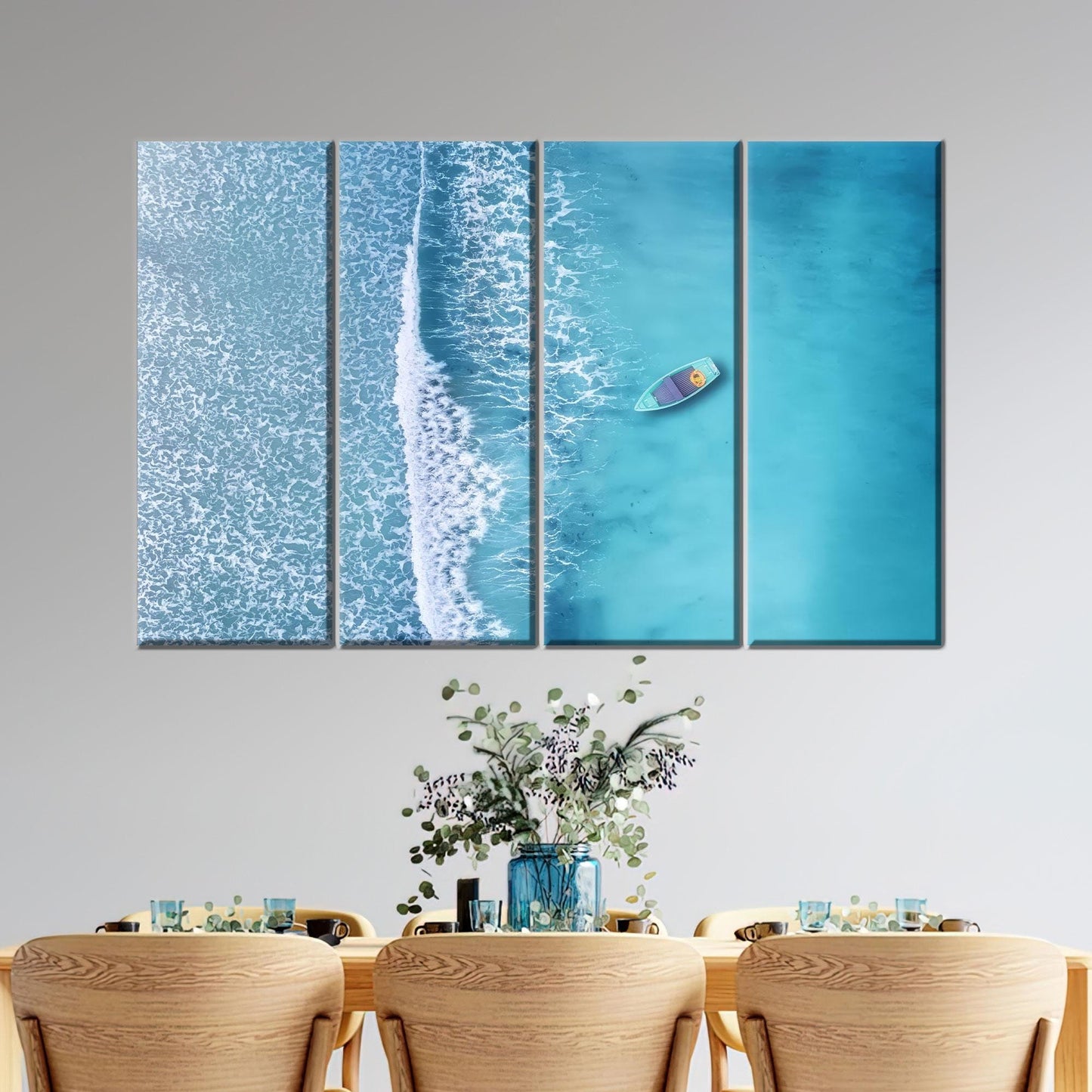 Aerial Ocean Kayak Canvas Wall Art, Turquoise Blue Sea Photography Print, Coastal Summer Decor