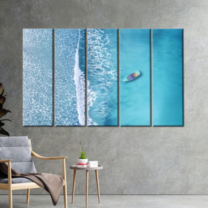 Aerial Ocean Kayak Canvas Wall Art, Turquoise Blue Sea Photography Print, Coastal Summer Decor