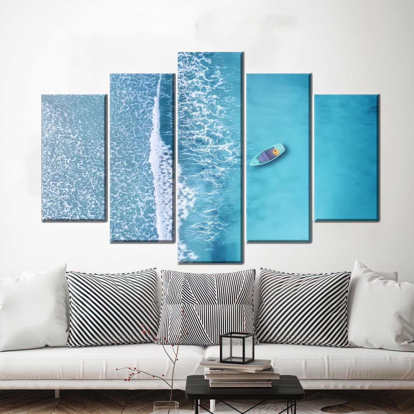 Aerial Ocean Kayak Canvas Wall Art, Turquoise Blue Sea Photography Print, Coastal Summer Decor
