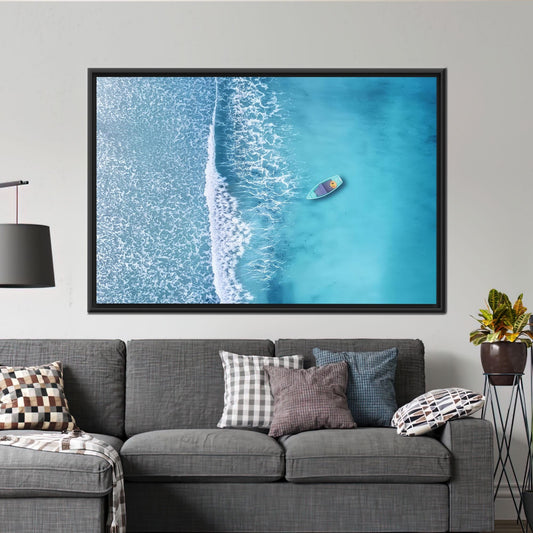 Aerial Ocean Kayak Canvas Wall Art, Turquoise Blue Sea Photography Print, Coastal Summer Decor