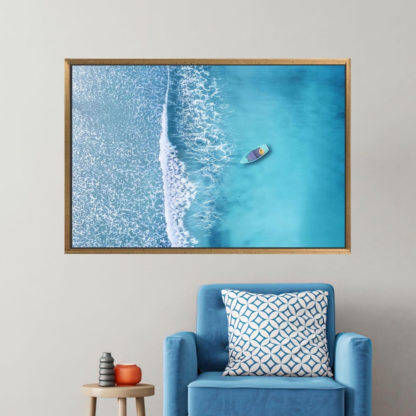 Aerial Ocean Kayak Canvas Wall Art, Turquoise Blue Sea Photography Print, Coastal Summer Decor