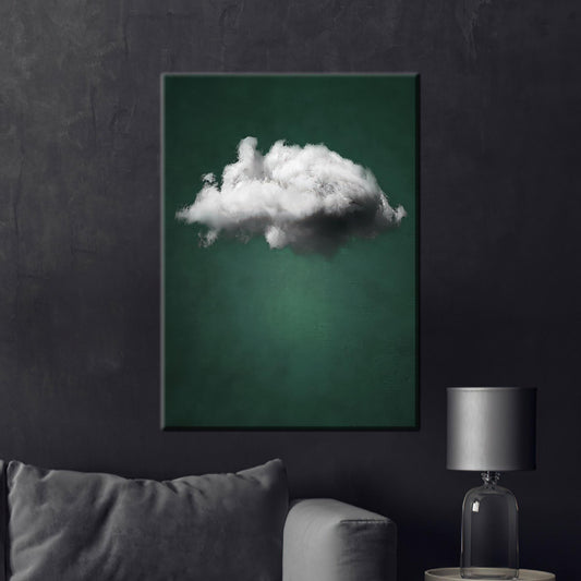 Modern White Cloud Canvas Print, Green Background Wall Art for Bedroom or Office