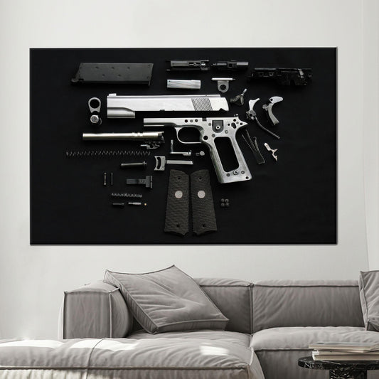 Disassembled Gun Canvas Wall Art: Tactical Firearm Parts Poster in Black and Silver for Garage or