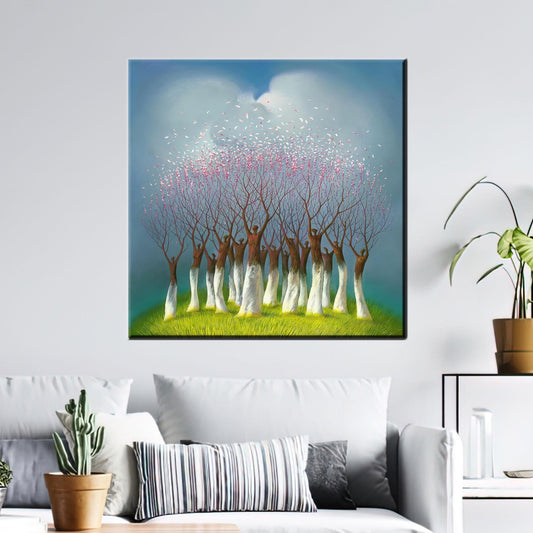 Whimsical Spring Nature Canvas Wall Art, Surreal Tree People Poster for Creative Home Decor