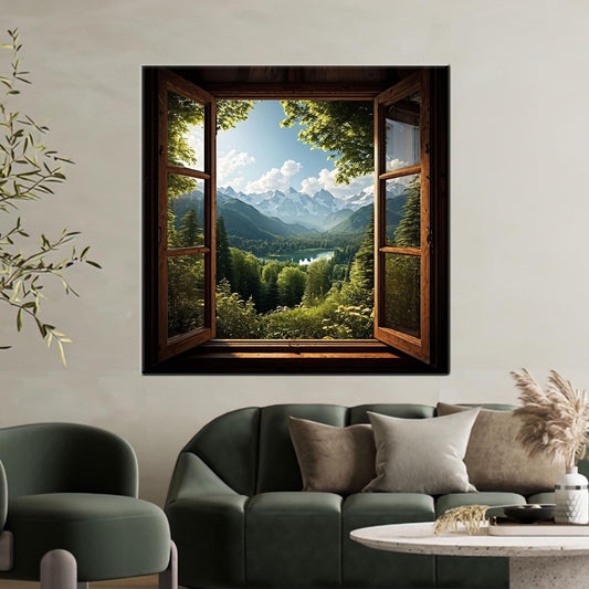 Window View Mountain Landscape Canvas Wall Art: Forest and Lake Poster Print for Rustic Cabin Decor