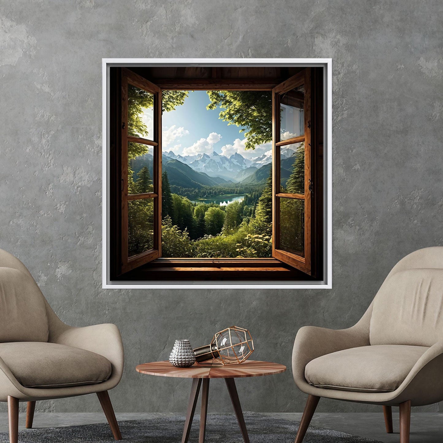 Window View Mountain Landscape Canvas Wall Art: Forest and Lake Poster Print for Rustic Cabin Decor
