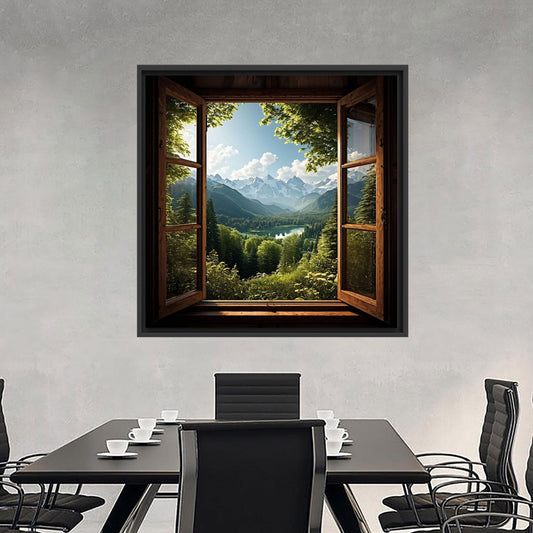 Window View Mountain Landscape Canvas Wall Art: Forest and Lake Poster Print for Rustic Cabin Decor