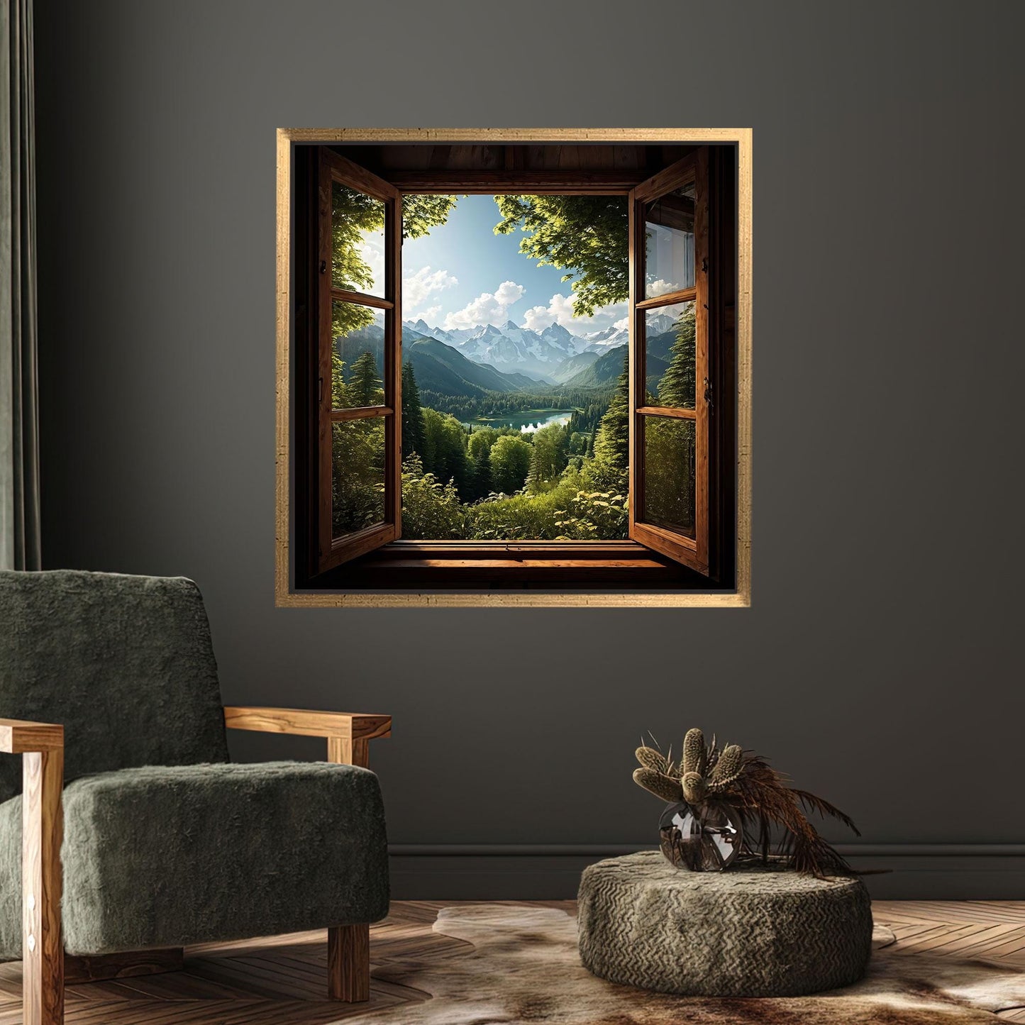 Window View Mountain Landscape Canvas Wall Art: Forest and Lake Poster Print for Rustic Cabin Decor