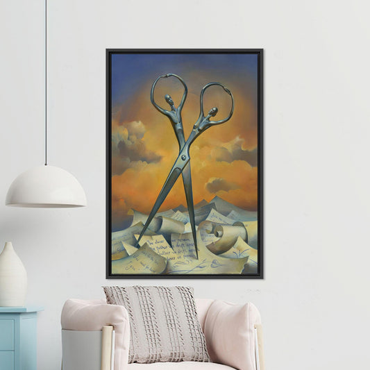 Surreal Scissors Canvas Wall Art: Dancing Tools on Letters Poster for Creative Decor