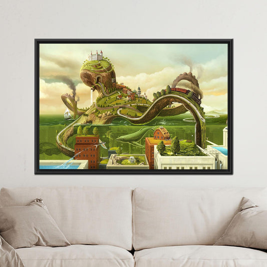 Surreal Train Journey Canvas Wall Art: Fantasy Landscape with Hills and Castles