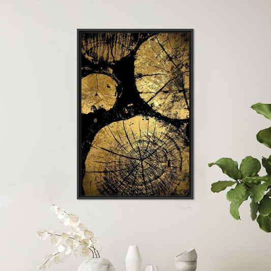 Modern Black and Gold Tree Rings Canvas Wall Art, Abstract Botanical Texture Print for Living Room