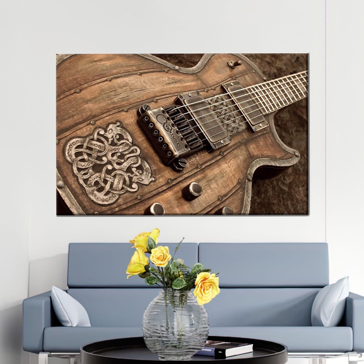 Vintage Rustic Electric Guitar Canvas Wall Art, Wood and Metal Poster Print for Studio or Music Room