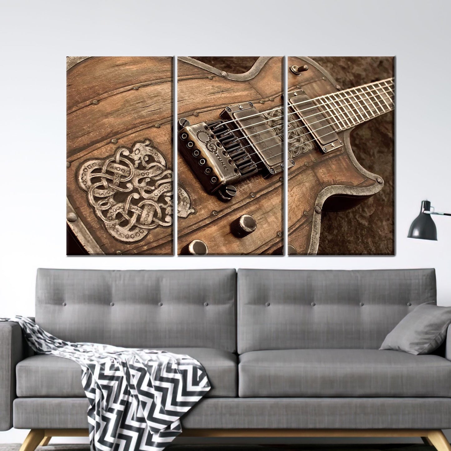 Vintage Rustic Electric Guitar Canvas Wall Art, Wood and Metal Poster Print for Studio or Music Room