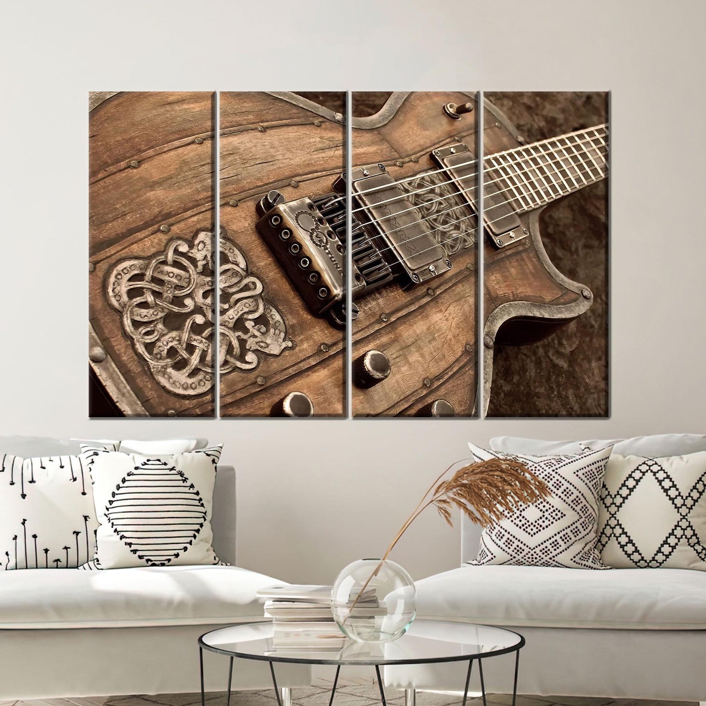 Vintage Rustic Electric Guitar Canvas Wall Art, Wood and Metal Poster Print for Studio or Music Room