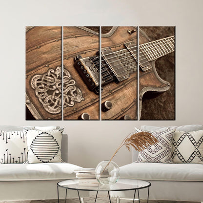 Vintage Rustic Electric Guitar Canvas Wall Art, Wood and Metal Poster Print for Studio or Music Room