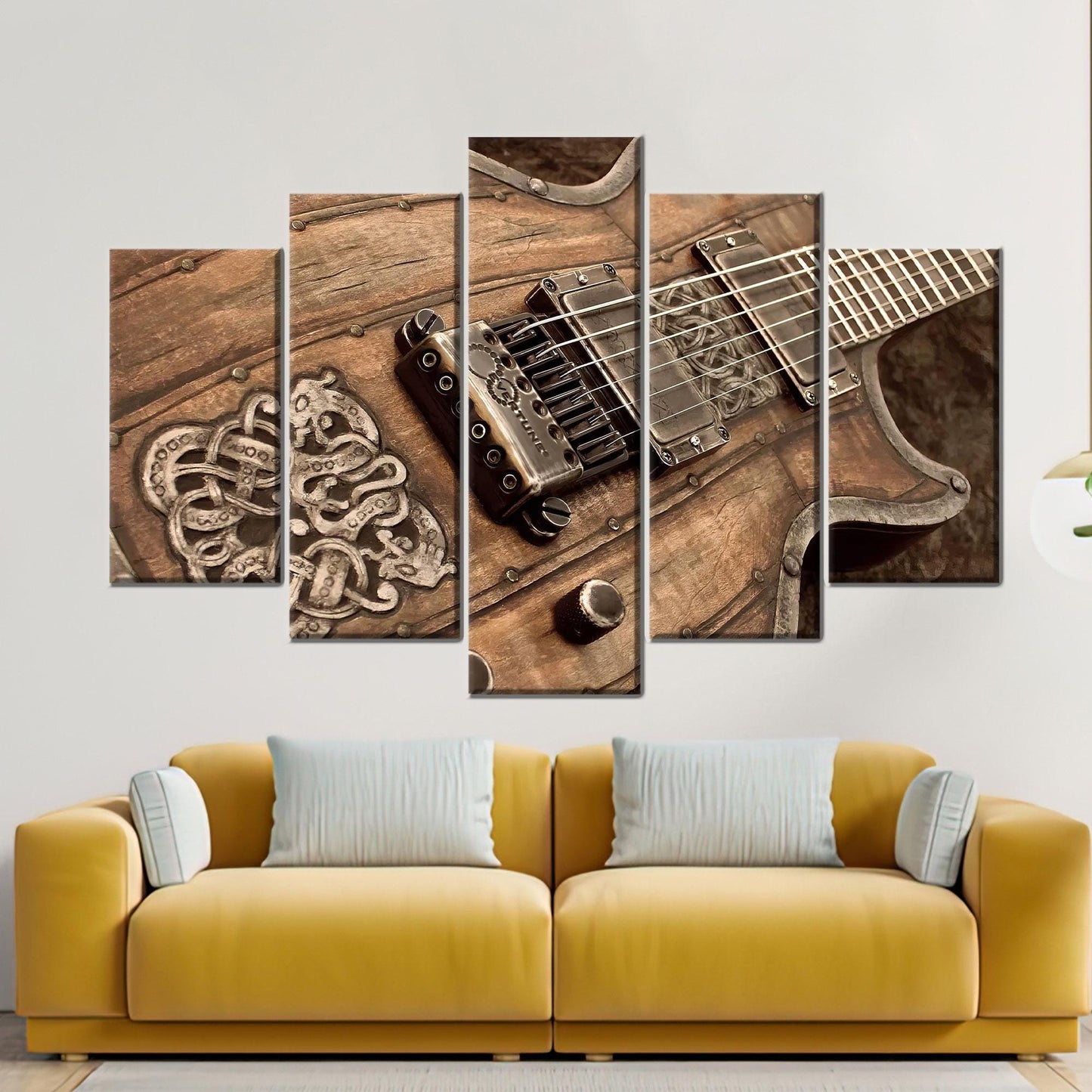 Vintage Rustic Electric Guitar Canvas Wall Art, Wood and Metal Poster Print for Studio or Music Room