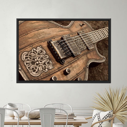 Vintage Rustic Electric Guitar Canvas Wall Art, Wood and Metal Poster Print for Studio or Music Room