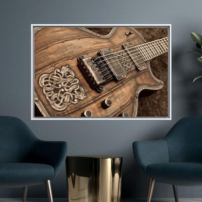 Vintage Rustic Electric Guitar Canvas Wall Art, Wood and Metal Poster Print for Studio or Music Room