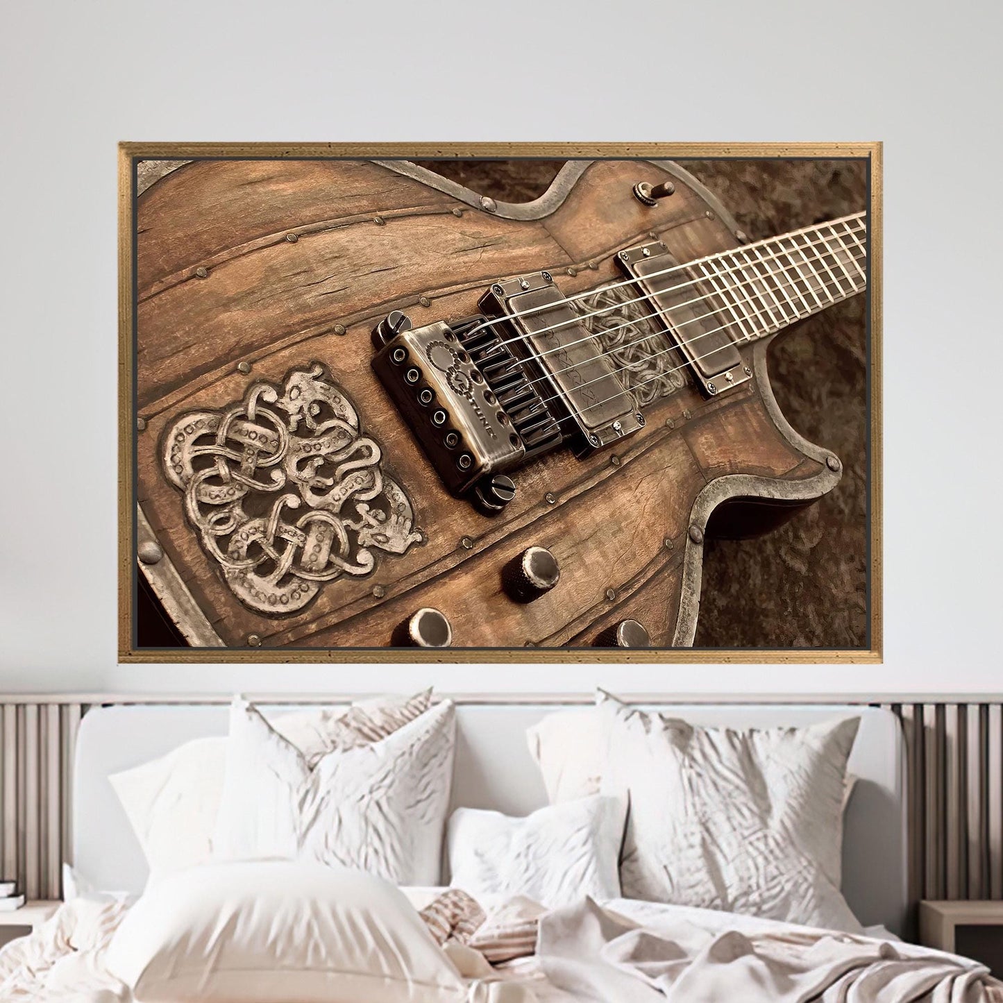 Vintage Rustic Electric Guitar Canvas Wall Art, Wood and Metal Poster Print for Studio or Music Room