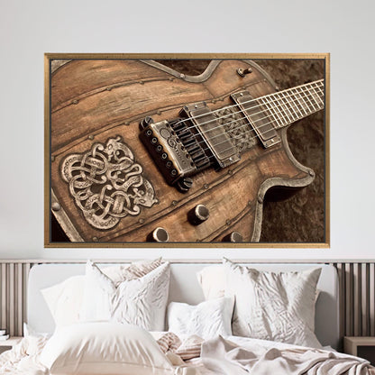 Vintage Rustic Electric Guitar Canvas Wall Art, Wood and Metal Poster Print for Studio or Music Room