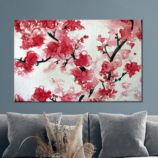 Cherry Blossom Canvas Art Print: Red Pink Sakura Floral Wall Decor, Japanese Watercolor Poster for