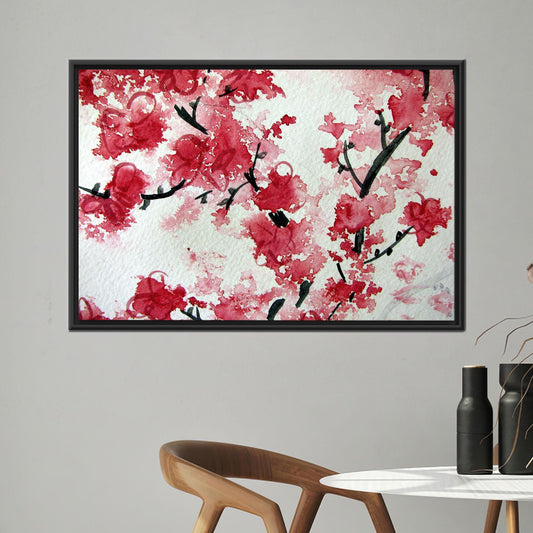 Cherry Blossom Canvas Art Print: Red Pink Sakura Floral Wall Decor, Japanese Watercolor Poster for