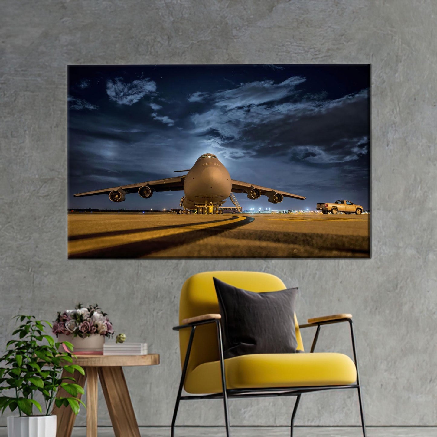 Military Cargo Plane Night Airport Canvas Print