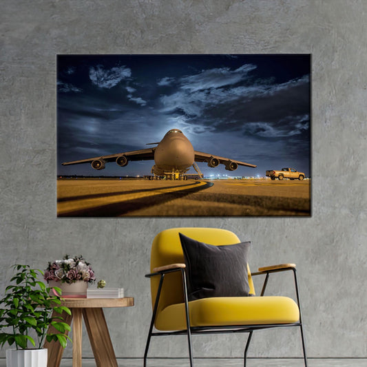 Military Cargo Plane Canvas Wall Art: Night Airport Photography Poster for Industrial Decor