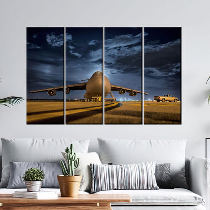 Military Cargo Plane Night Airport Canvas Print
