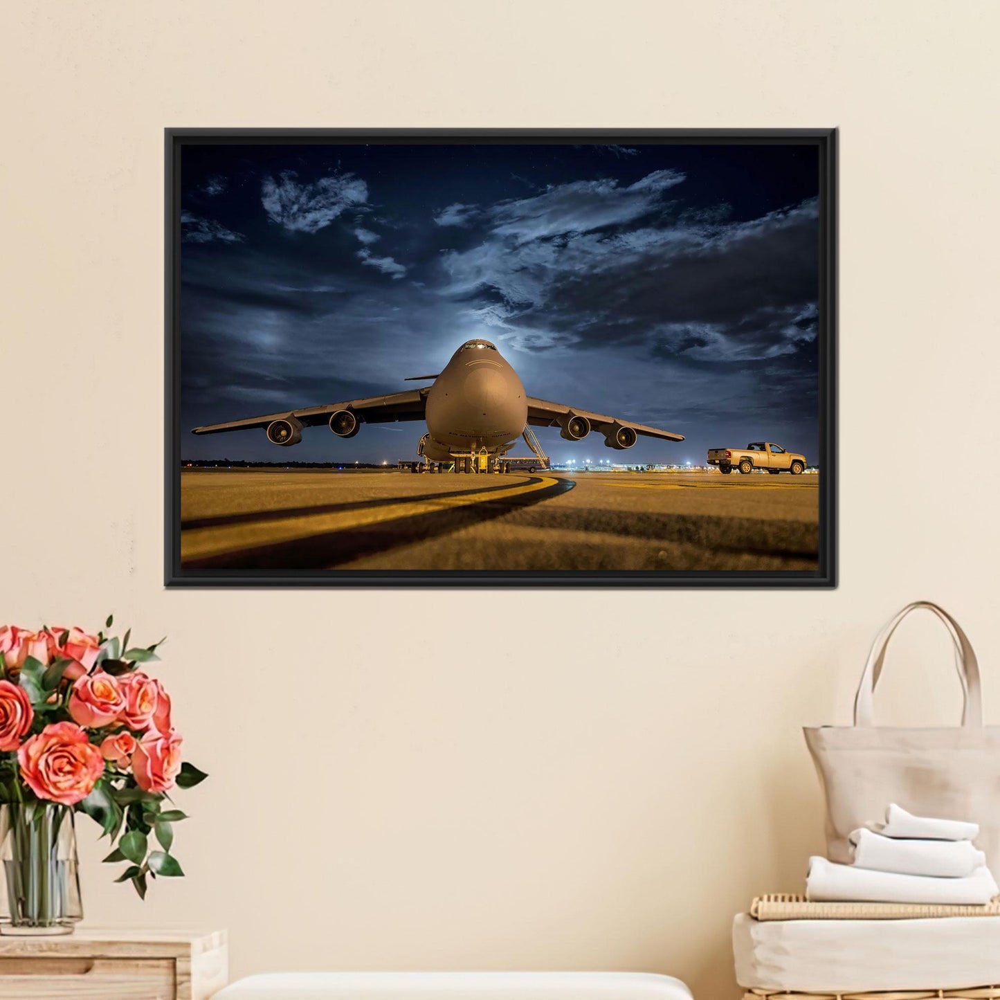 Military Cargo Plane Night Airport Canvas Print