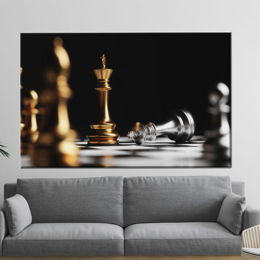Gold Chess Strategy Canvas Wall Art, Minimalist King Checkmate Poster for Office or Intellectual