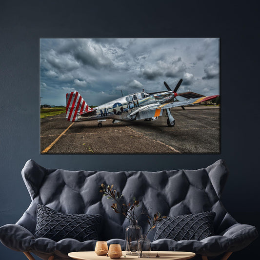 Vintage Fighter Plane Canvas Wall Art, Stormy Sky WWII Aircraft Poster, Retro Aviation Print for