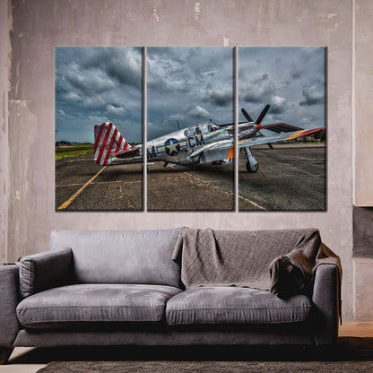 Vintage Fighter Plane Canvas Wall Art, Stormy Sky WWII Aircraft Poster, Retro Aviation Print for