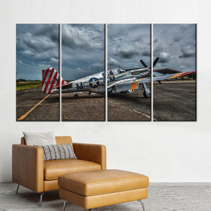 Vintage Fighter Plane Canvas Wall Art, Stormy Sky WWII Aircraft Poster, Retro Aviation Print for