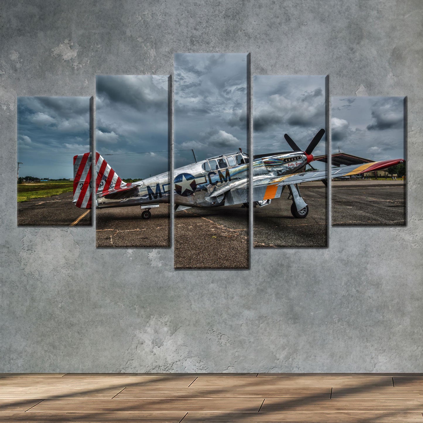Vintage Fighter Plane Canvas Wall Art, Stormy Sky WWII Aircraft Poster, Retro Aviation Print for
