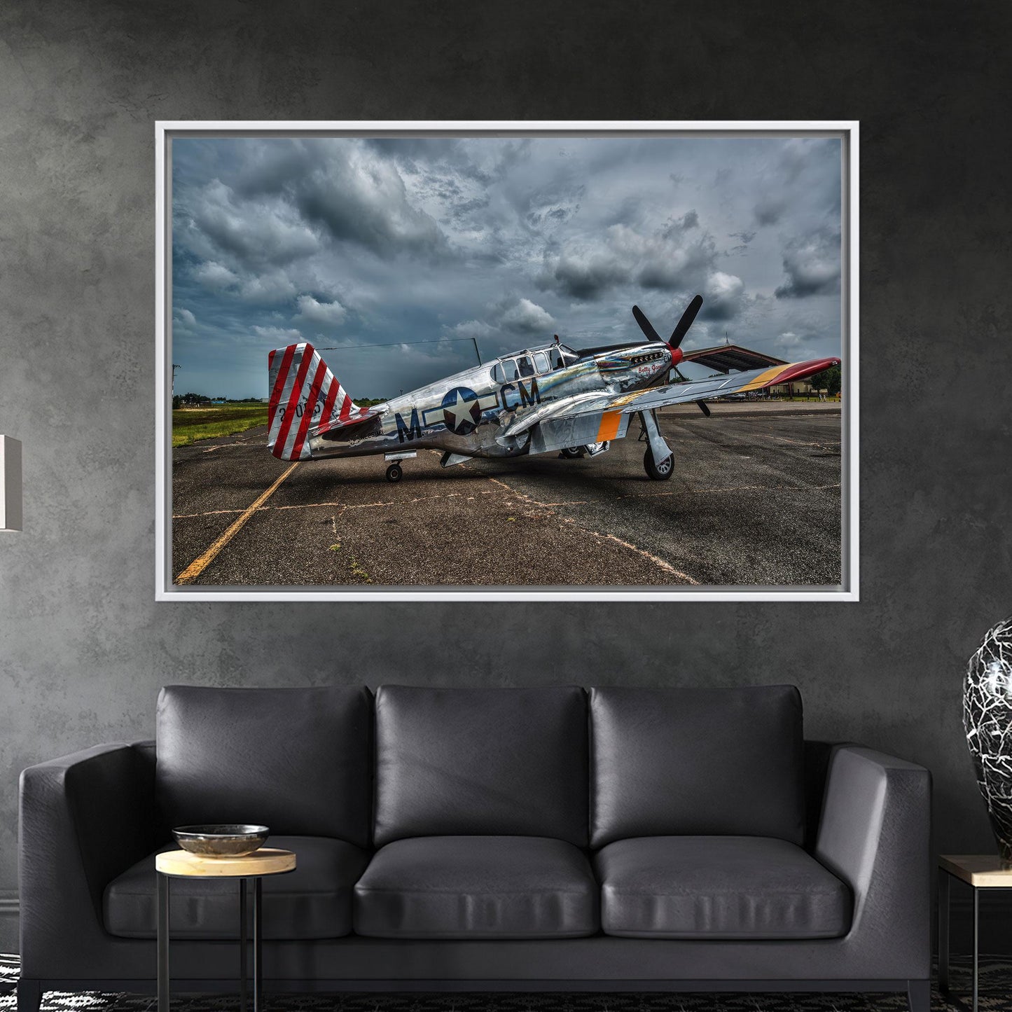 Vintage Fighter Plane Canvas Wall Art, Stormy Sky WWII Aircraft Poster, Retro Aviation Print for