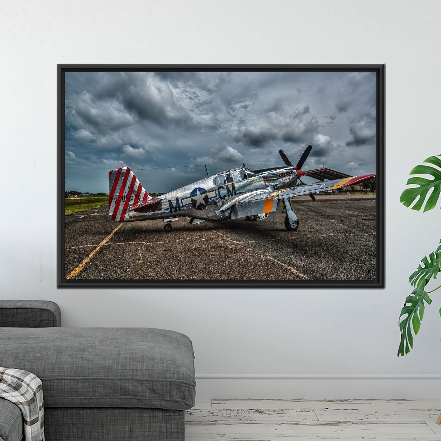 Vintage Fighter Plane Canvas Wall Art, Stormy Sky WWII Aircraft Poster, Retro Aviation Print for