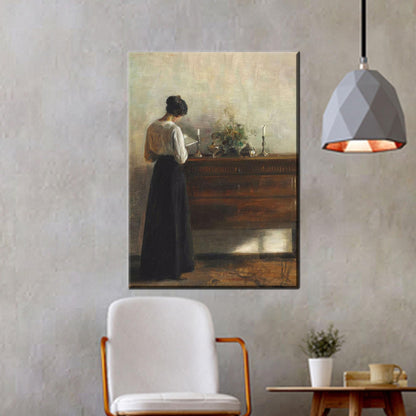 Vintage Realism Woman at Dresser Canvas Wall Art, Peaceful Interior Scene Print for Classic Home