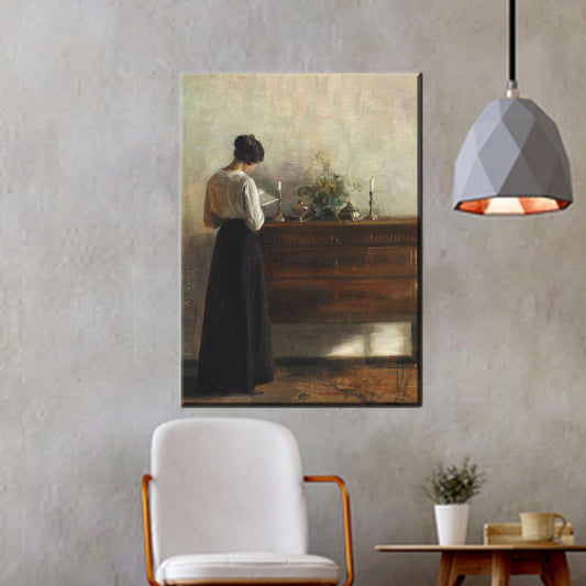 Vintage Realism Woman at Dresser Canvas Wall Art, Peaceful Interior Scene Print for Classic Home