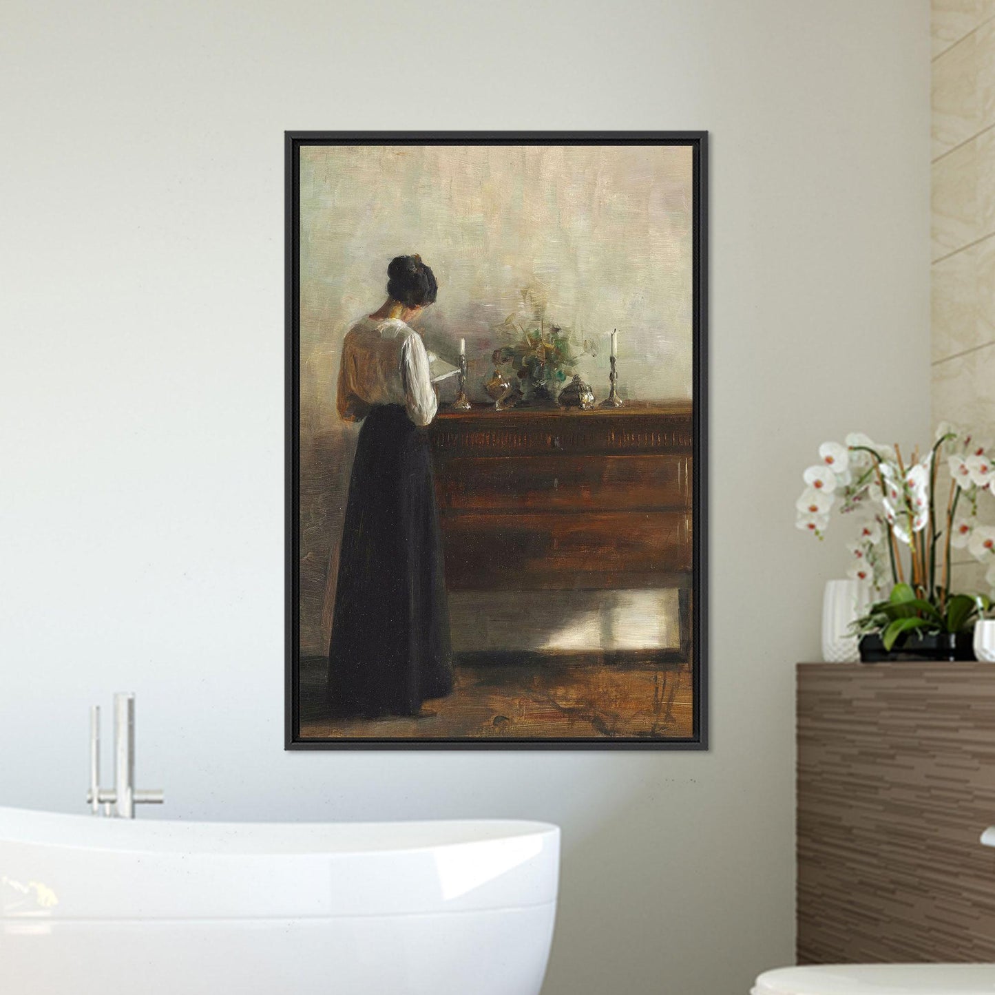 Vintage Realism Woman at Dresser Canvas Wall Art, Peaceful Interior Scene Print for Classic Home