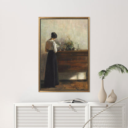Vintage Realism Woman at Dresser Canvas Wall Art, Peaceful Interior Scene Print for Classic Home
