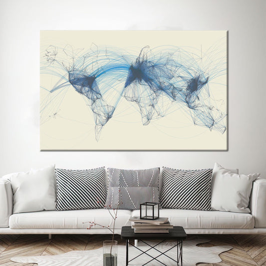 Aviation Map Canvas Decor: Air Traffic Flight Canvas Art with Flight Routes World Map Poster