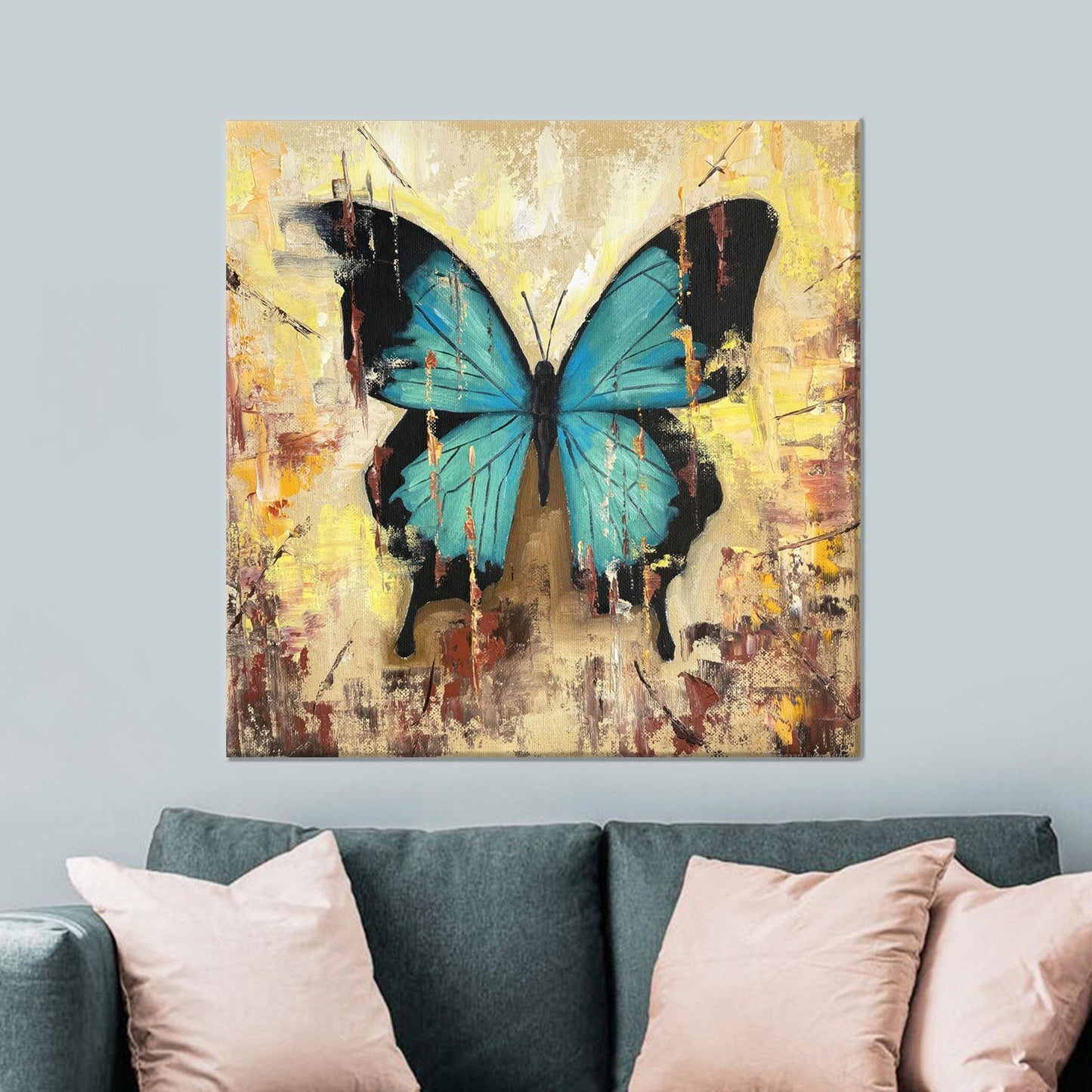 Blue Butterfly Abstract Lovers Yellow Canvas Print