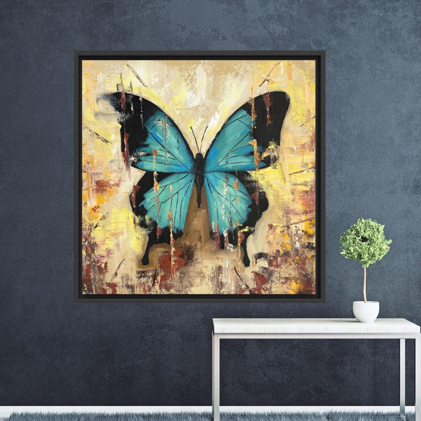 Blue Butterfly Abstract Lovers Yellow Canvas Print