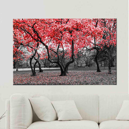 Red Landscape Trees and Flowers Canvas Print