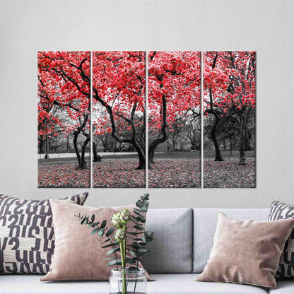 Red Landscape Trees and Flowers Canvas Print