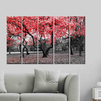 Red Landscape Trees and Flowers Canvas Print